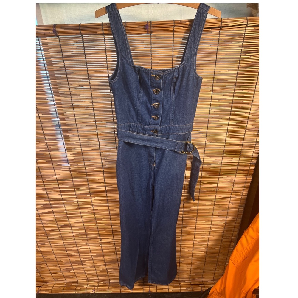 Honey Punch XS Denim Jumpsuit Dark Wash Belted Button Front Square Neck Cotton